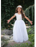 White Lace Tulle Flower Girl Dress With Rhinestone Sash